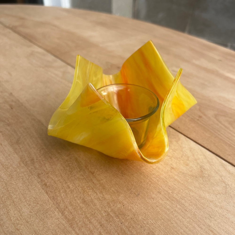 Art Glass Candle Holder Swirl Yellow Orange Modern Decor